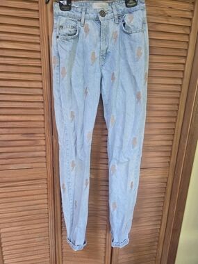 One Teaspoon Light Blue Denim Straight Leg Jeans with Brown Lightning Bolts